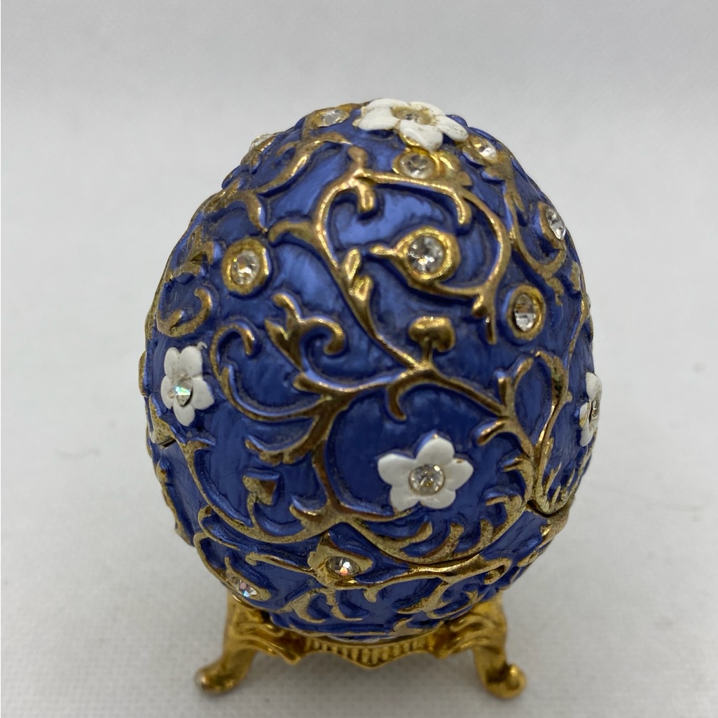 Rucinni Blue And Gold Decorative Egg With Floral Design Trinket Magnetic Close